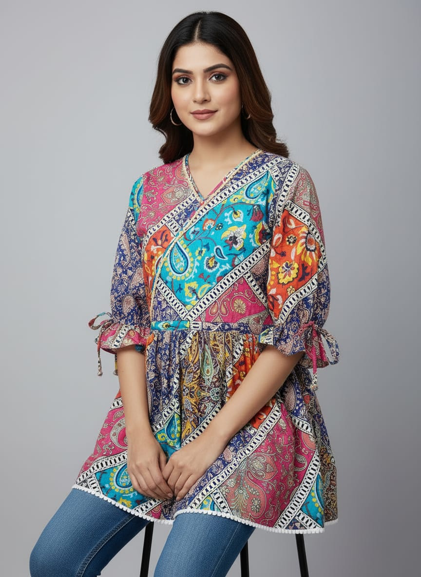 Women’s Patchwork Print Tunic Top | V-Neck A-Line Ethnic Kurti for Casual Wear