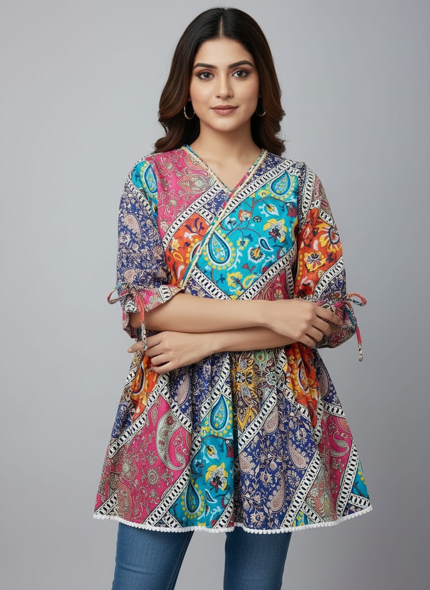 Women’s Patchwork Print Tunic Top | V-Neck A-Line Ethnic Kurti for Casual Wear