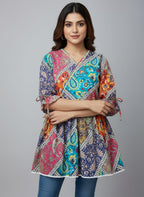 Women’s Patchwork Print Tunic Top | V-Neck A-Line Ethnic Kurti for Casual Wear