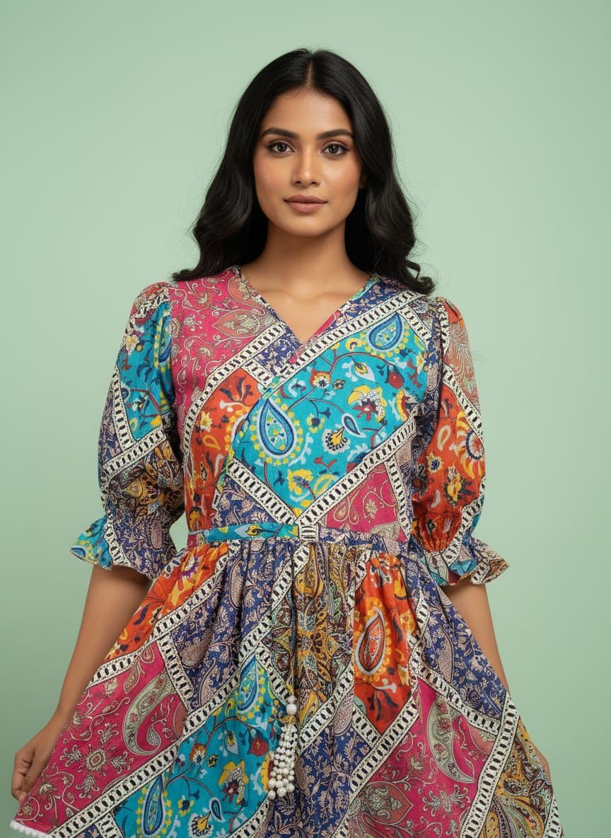 Women’s Patchwork Print Tunic Top | V-Neck A-Line Ethnic Kurti for Casual Wear