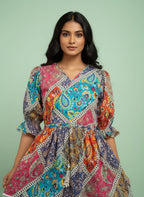 Women’s Patchwork Print Tunic Top | V-Neck A-Line Ethnic Kurti for Casual Wear