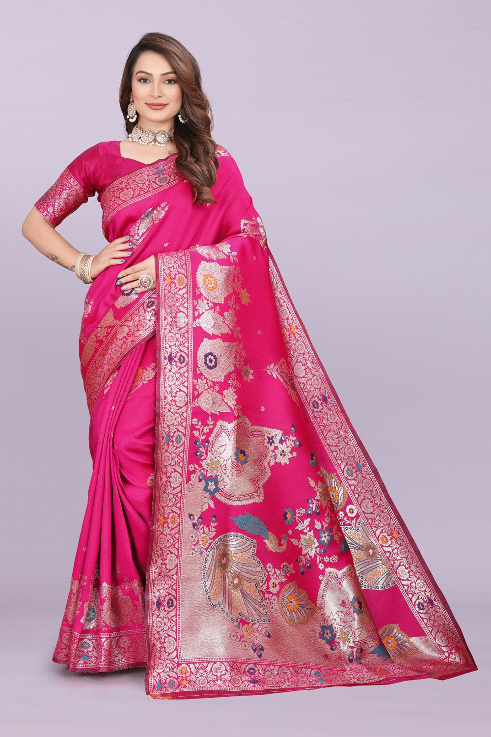 Woven Silk Saree with Floral & Peacock Zari Design – Elegant Festive Wear