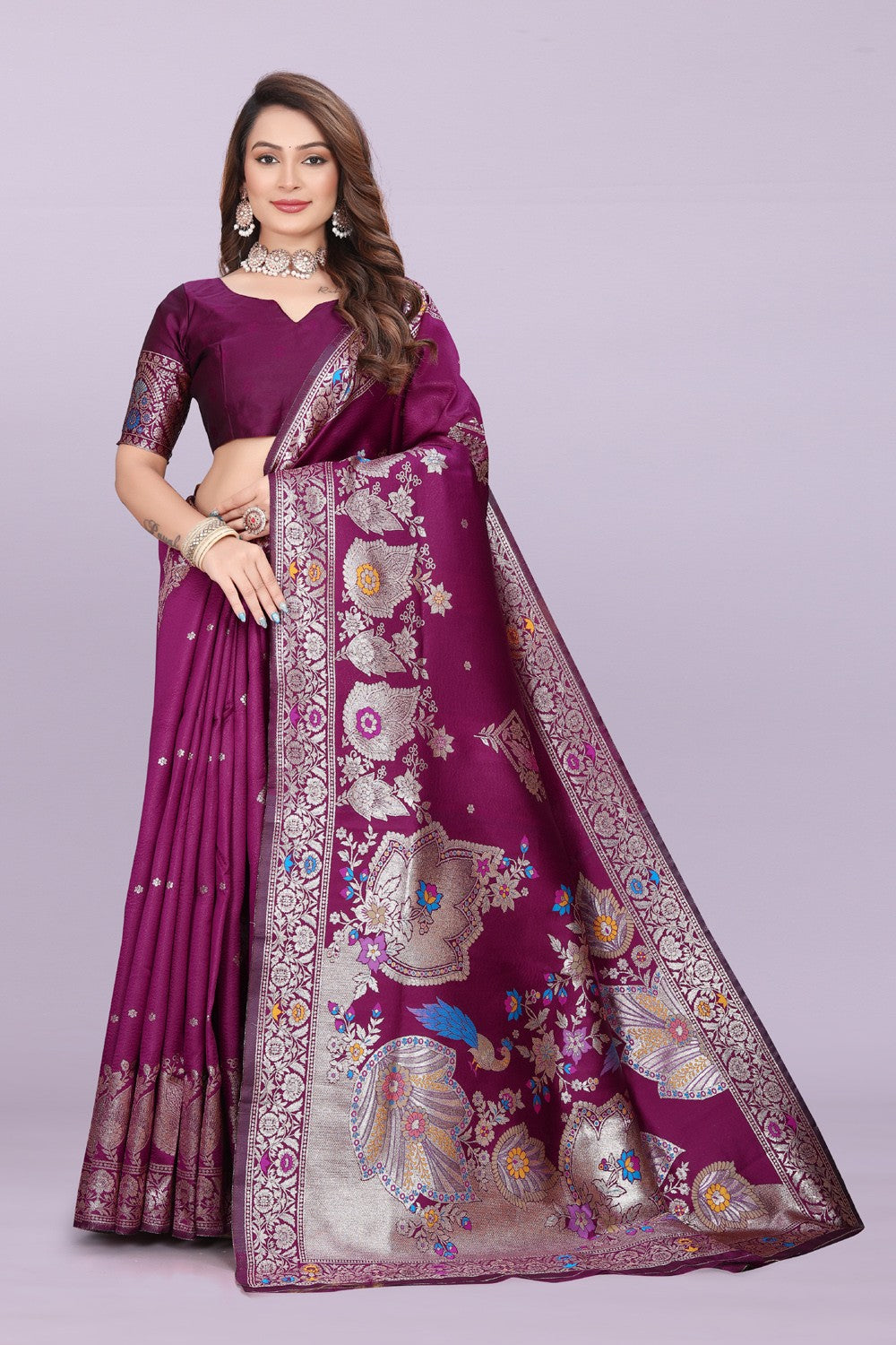 Woven Silk Saree with Floral & Peacock Zari Design – Elegant Festive Wear
