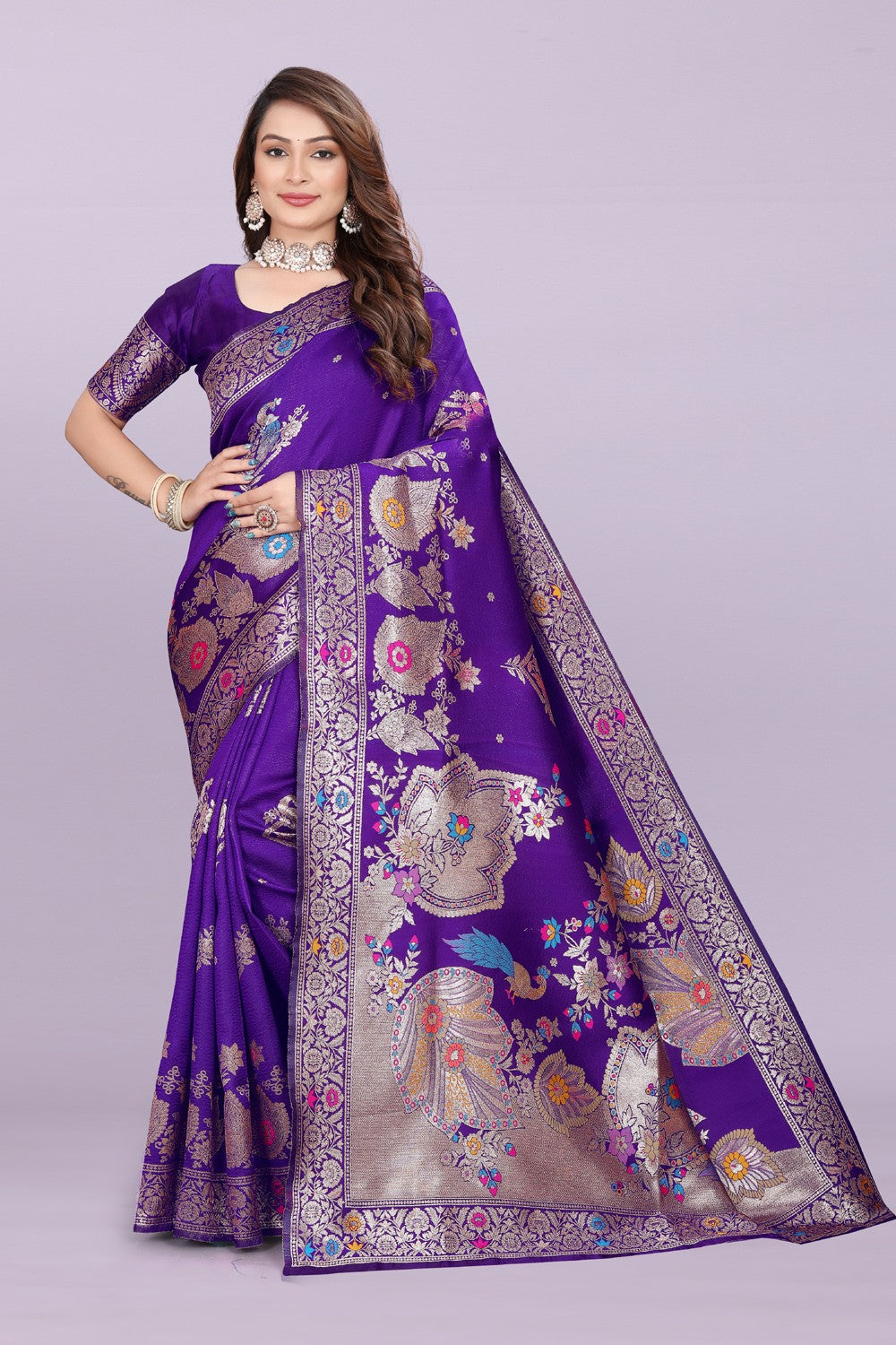 Woven Silk Saree with Floral & Peacock Zari Design – Elegant Festive Wear