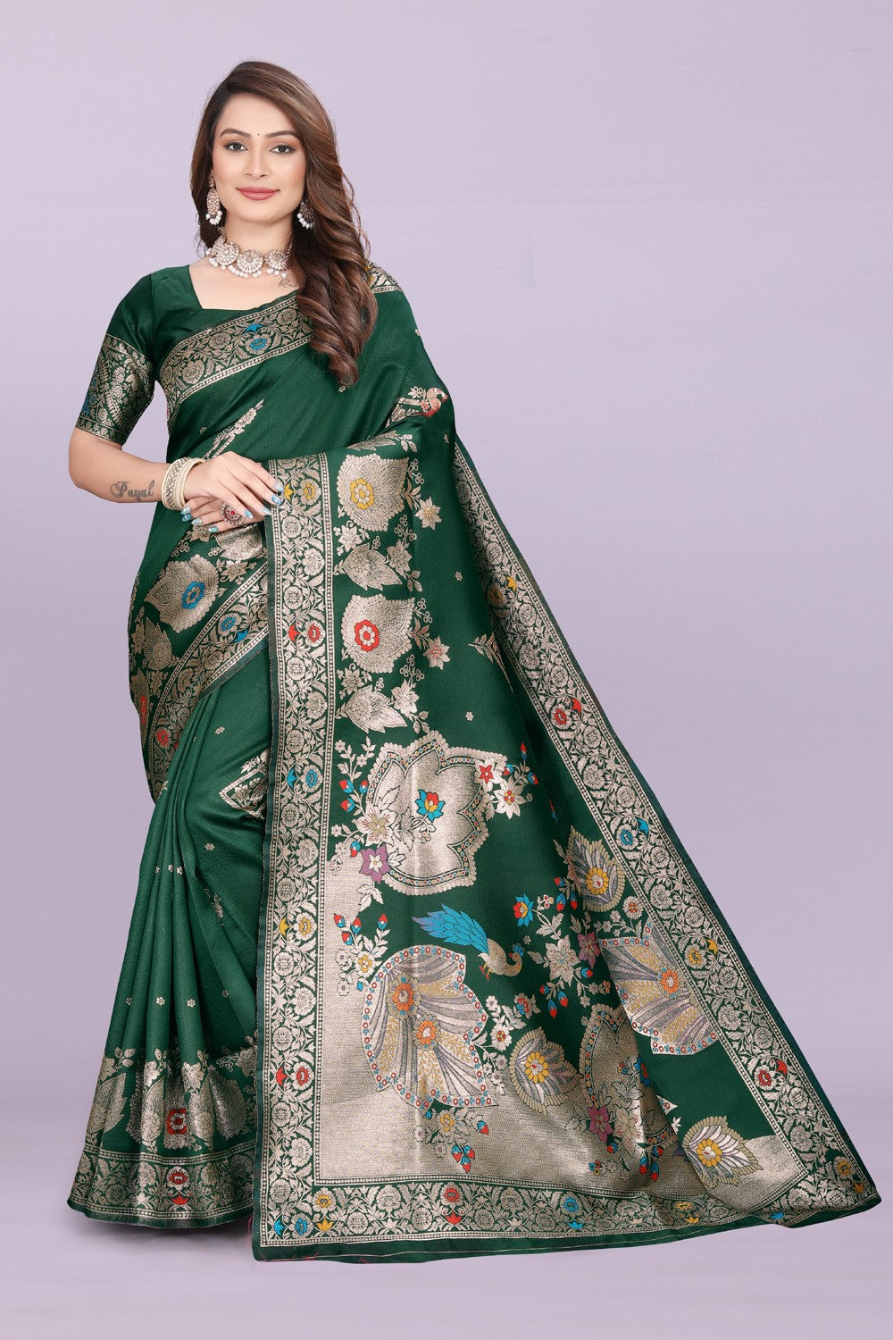 Woven Silk Saree with Floral & Peacock Zari Design – Elegant Festive Wear