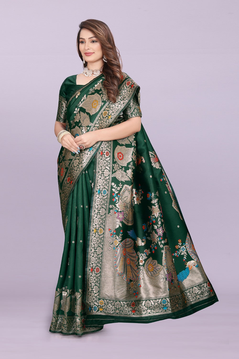 Woven Silk Saree with Floral & Peacock Zari Design – Elegant Festive Wear