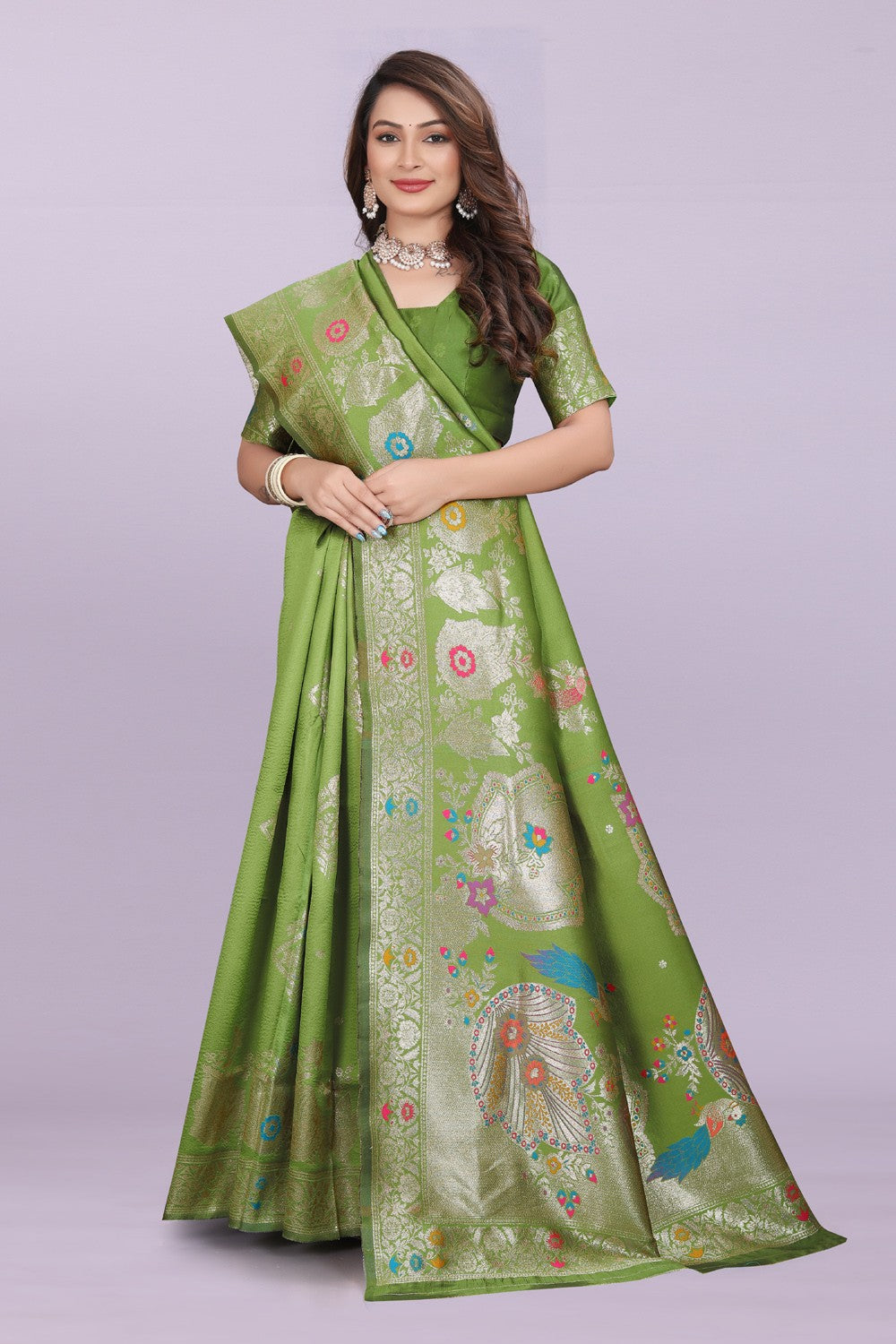 Woven Silk Saree with Floral & Peacock Zari Design – Elegant Festive Wear