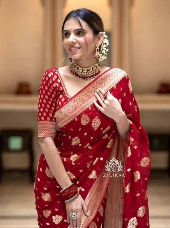 Silk Saree with Traditional Butti Design & Zari Border – Wedding & Festive Wear