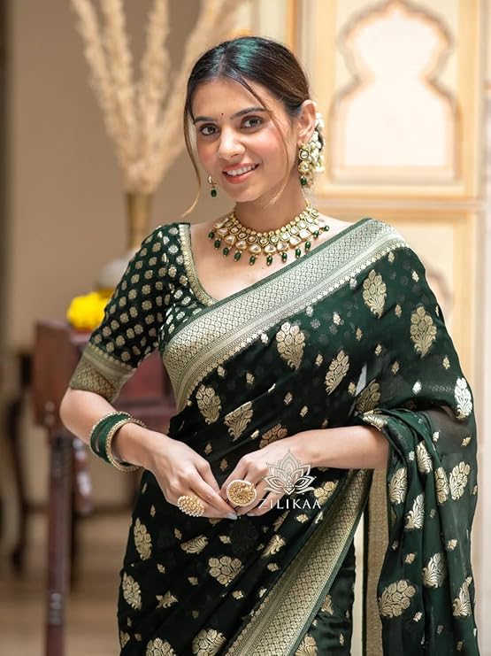 Silk Saree with Traditional Butti Design & Zari Border – Wedding & Festive Wear