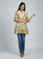 Designer Women’s Floral Tunic Top | V-Neck Bell Sleeve Ethnic Kurti