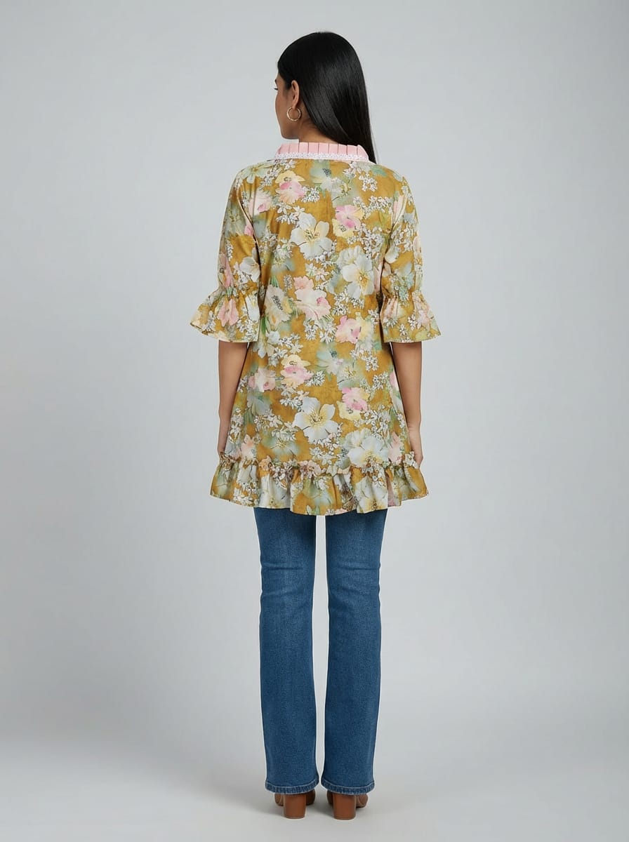 Designer Women’s Floral Tunic Top | V-Neck Bell Sleeve Ethnic Kurti