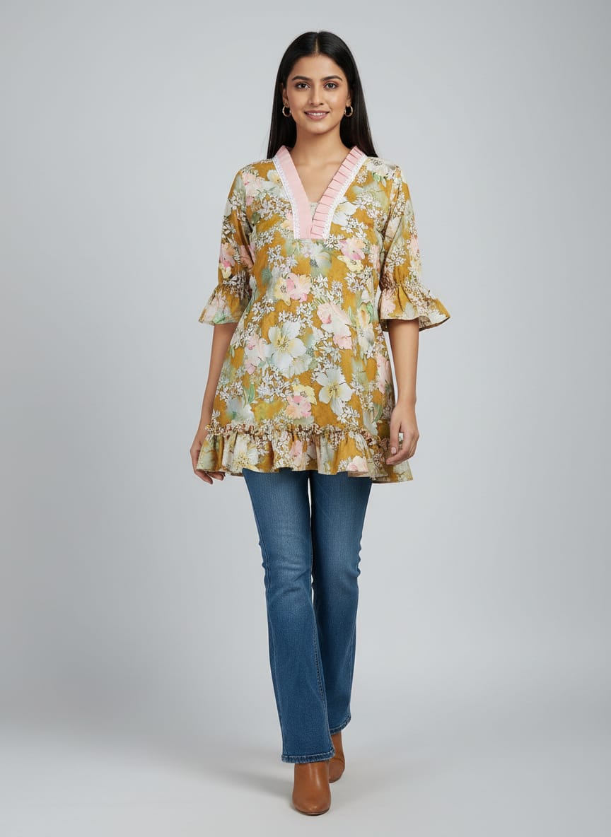 Designer Women’s Floral Tunic Top | V-Neck Bell Sleeve Ethnic Kurti
