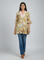 Designer Women’s Floral Tunic Top | V-Neck Bell Sleeve Ethnic Kurti