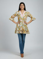 Designer Women’s Floral Tunic Top | V-Neck Bell Sleeve Ethnic Kurti