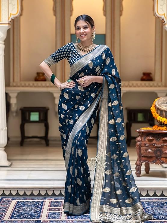 Elegant Woven Silk Saree with Traditional Butti Design & Rich Zari Border | Festive & Wedding Wear
