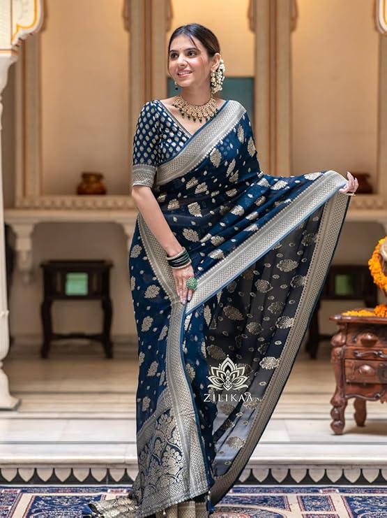 Elegant Woven Silk Saree with Traditional Butti Design & Rich Zari Border | Festive & Wedding Wear