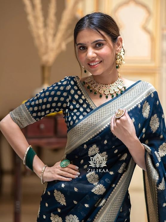 Elegant Woven Silk Saree with Traditional Butti Design & Rich Zari Border | Festive & Wedding Wear