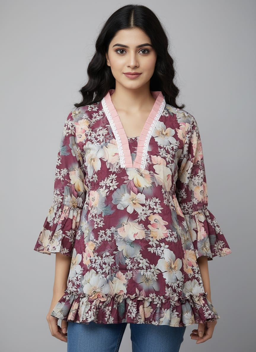 Designer Women’s Floral Tunic Top | V-Neck Bell Sleeve Ethnic Kurti