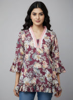 Designer Women’s Floral Tunic Top | V-Neck Bell Sleeve Ethnic Kurti