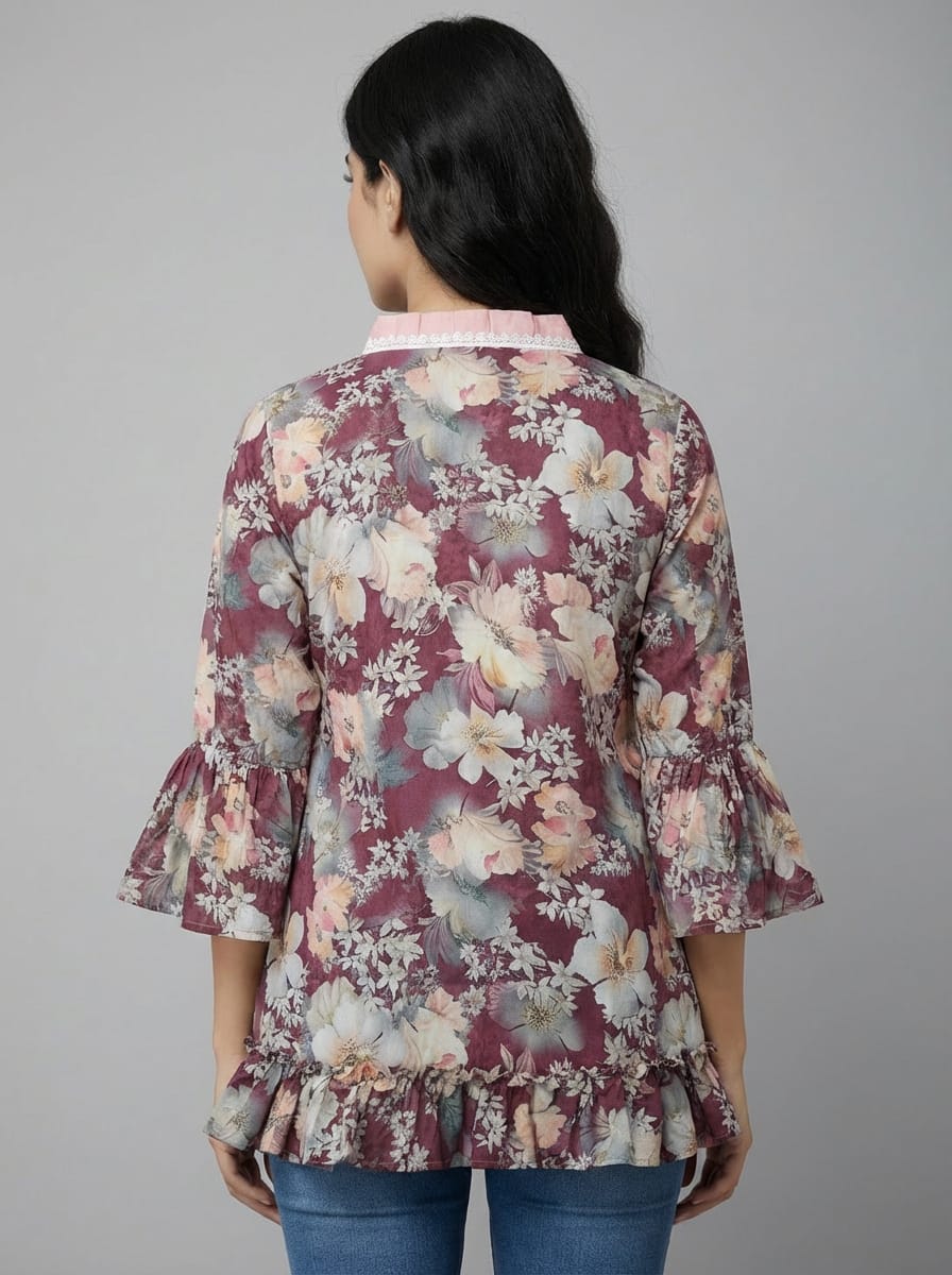 Designer Women’s Floral Tunic Top | V-Neck Bell Sleeve Ethnic Kurti