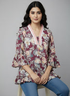 Designer Women’s Floral Tunic Top | V-Neck Bell Sleeve Ethnic Kurti