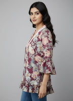Designer Women’s Floral Tunic Top | V-Neck Bell Sleeve Ethnic Kurti