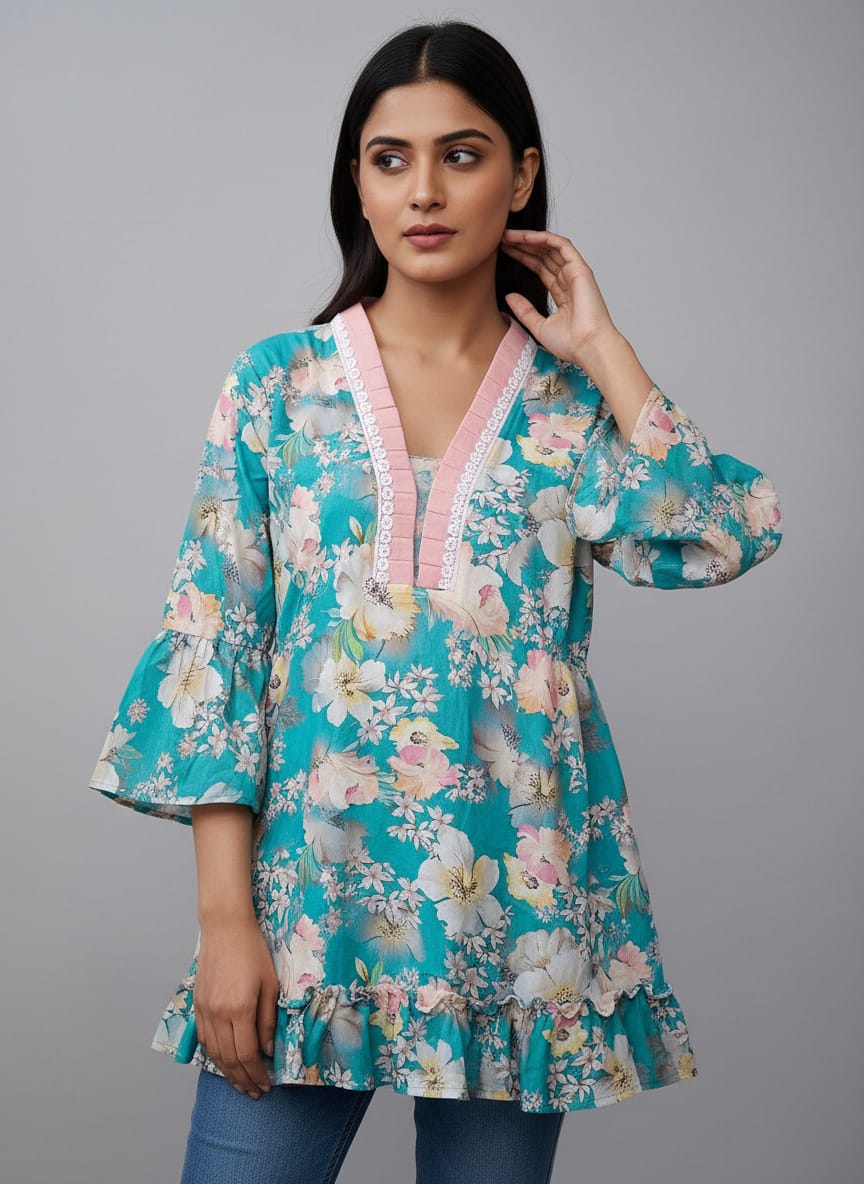 Designer Women’s Floral Tunic Top | V-Neck Bell Sleeve Ethnic Kurti