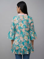 Designer Women’s Floral Tunic Top | V-Neck Bell Sleeve Ethnic Kurti