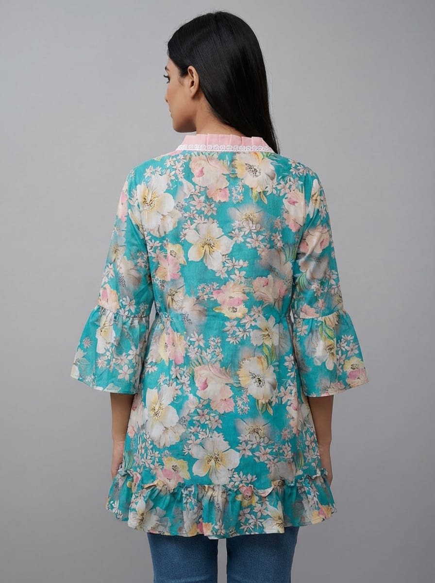 Designer Women’s Floral Tunic Top | V-Neck Bell Sleeve Ethnic Kurti