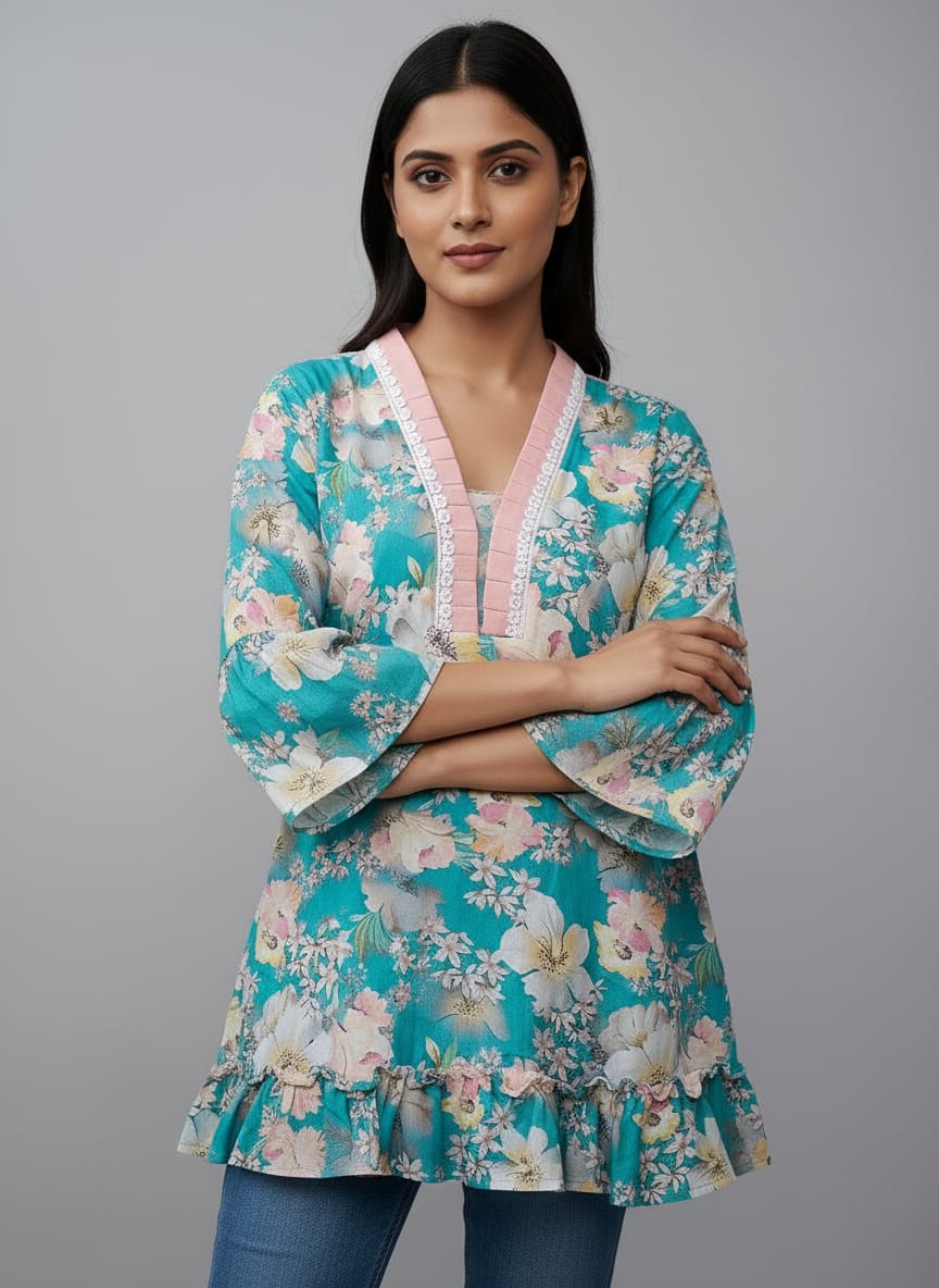 Designer Women’s Floral Tunic Top | V-Neck Bell Sleeve Ethnic Kurti
