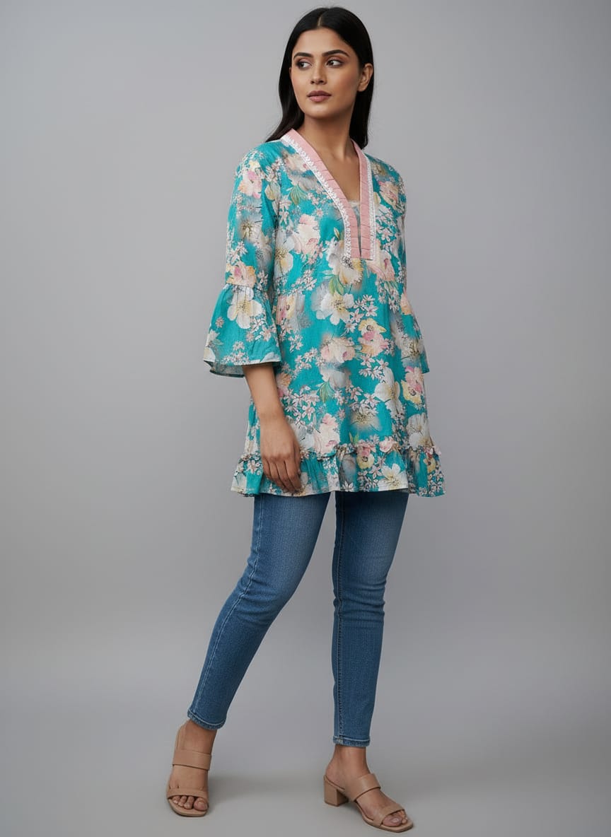 Designer Women’s Floral Tunic Top | V-Neck Bell Sleeve Ethnic Kurti