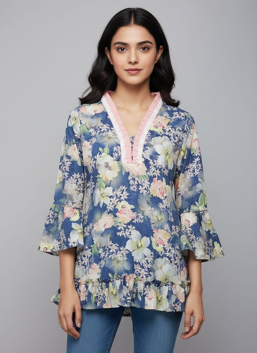 Designer Women’s Floral Tunic Top | V-Neck Bell Sleeve Ethnic Kurti