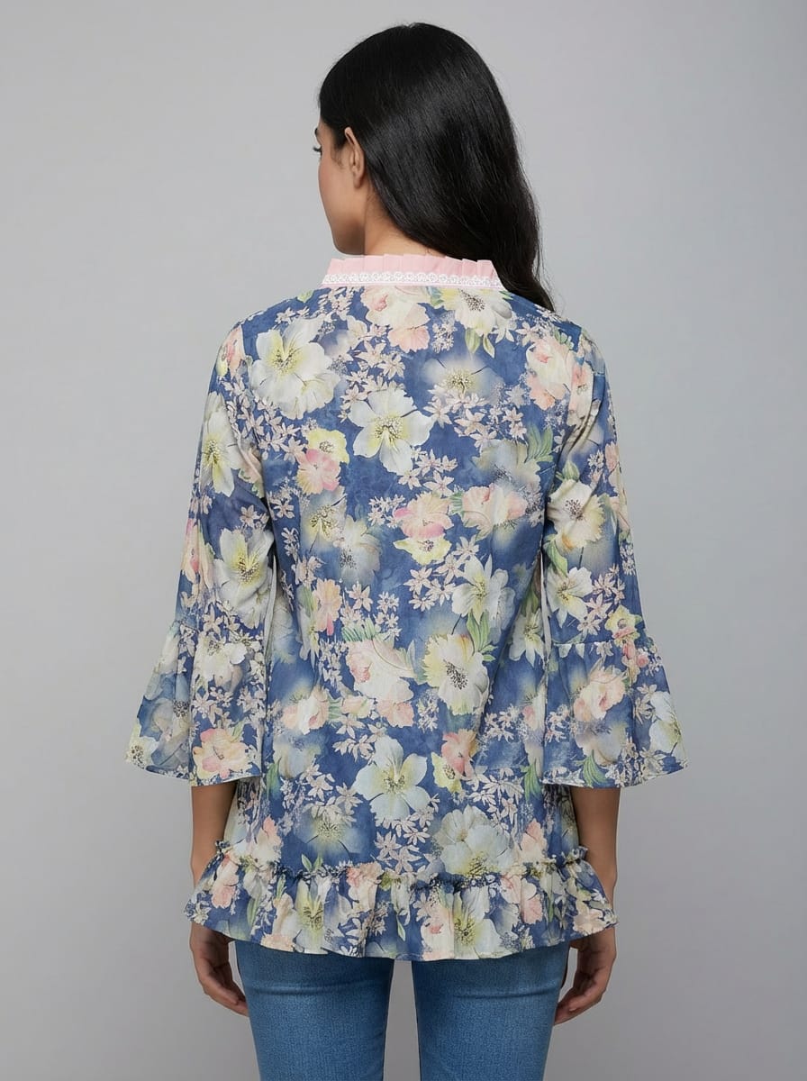 Designer Women’s Floral Tunic Top | V-Neck Bell Sleeve Ethnic Kurti