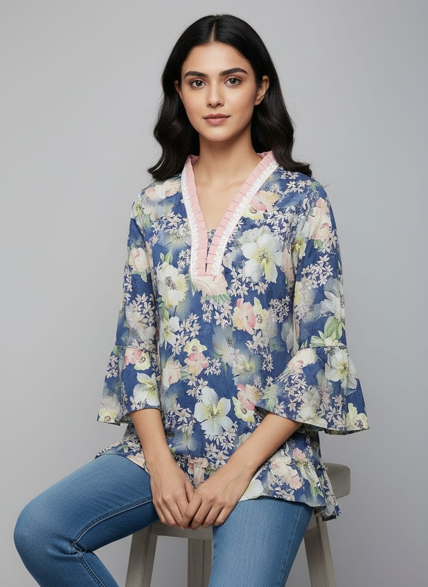 Designer Women’s Floral Tunic Top | V-Neck Bell Sleeve Ethnic Kurti