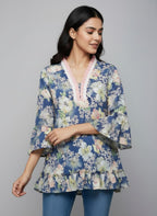 Designer Women’s Floral Tunic Top | V-Neck Bell Sleeve Ethnic Kurti
