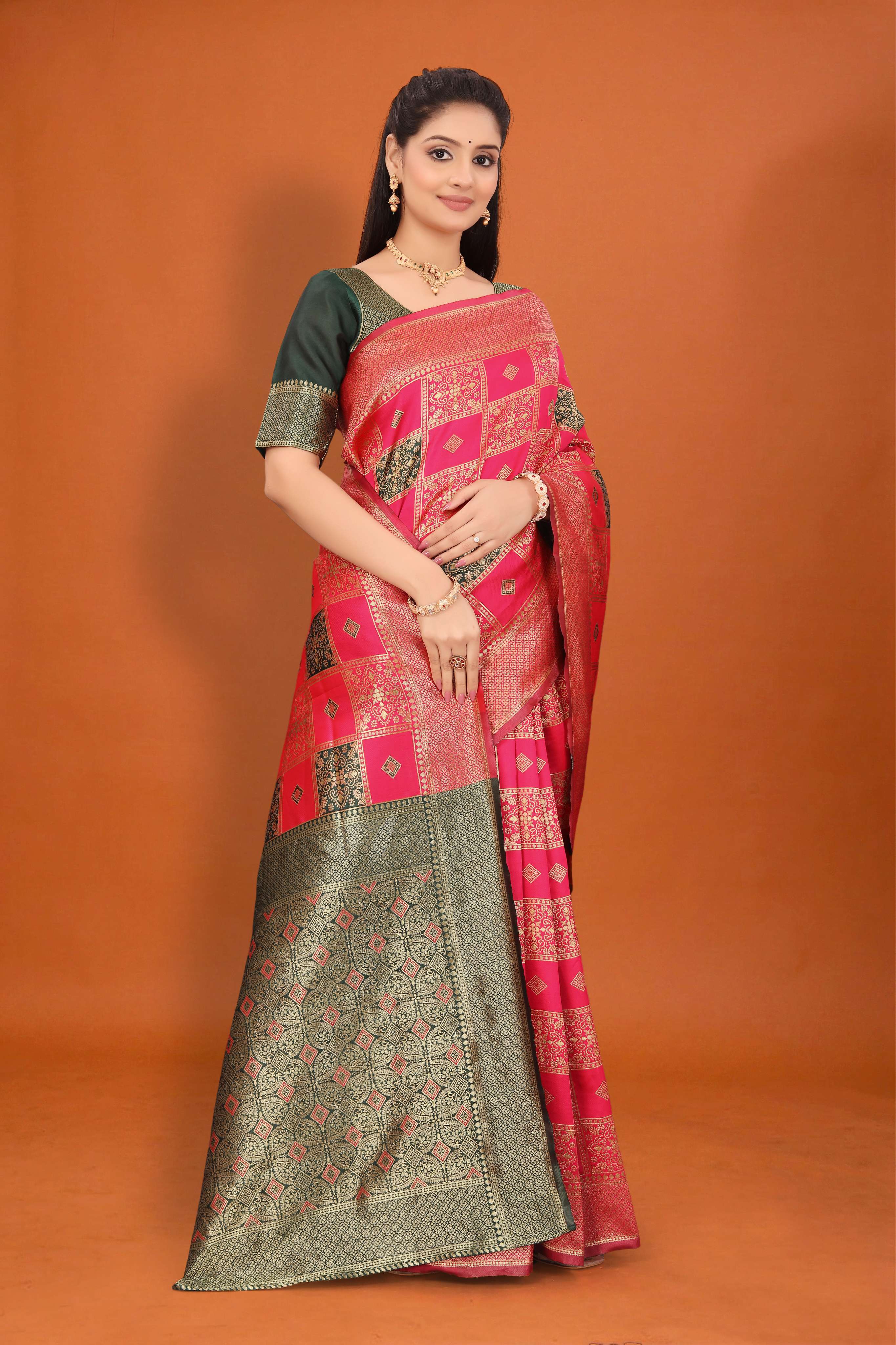 Banarasi Silk Saree for Women | Checkered Zari Design with Rich Pallu & Border