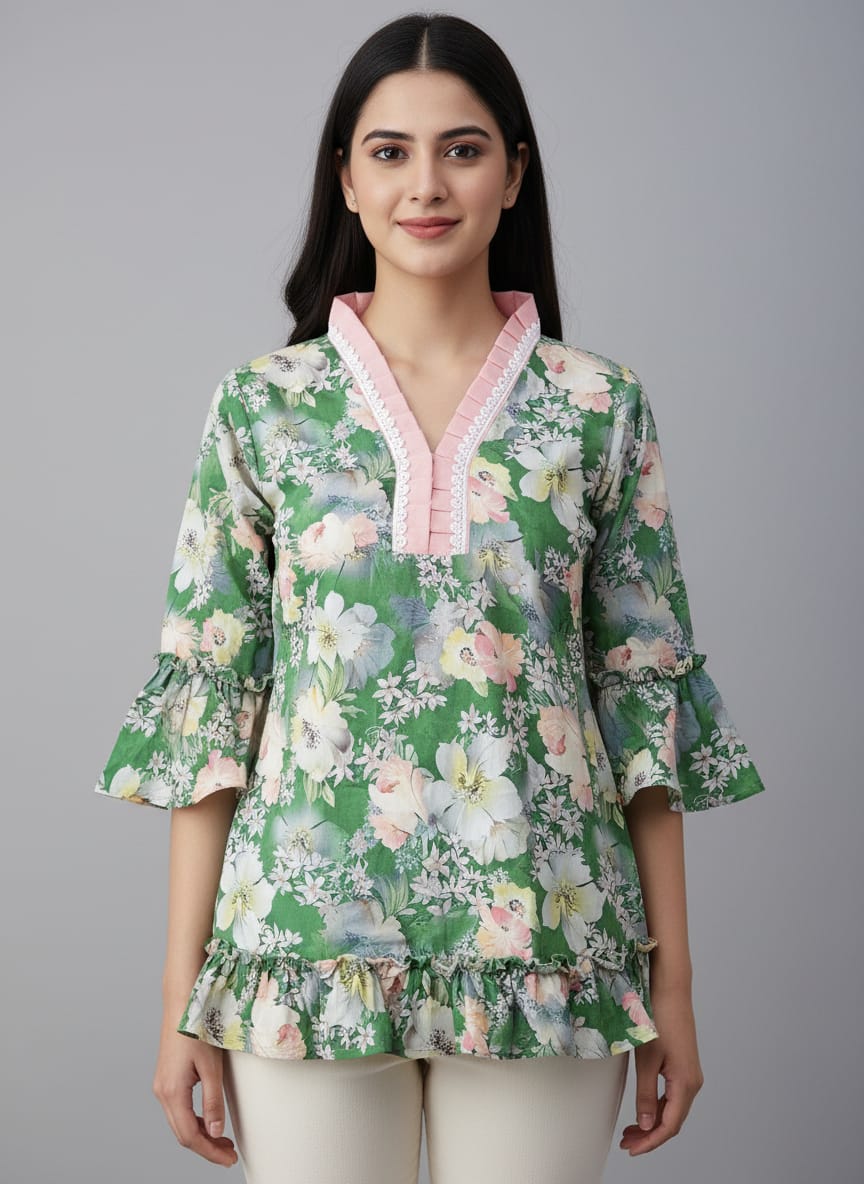 Designer Women’s Floral Tunic Top | V-Neck Bell Sleeve Ethnic Kurti