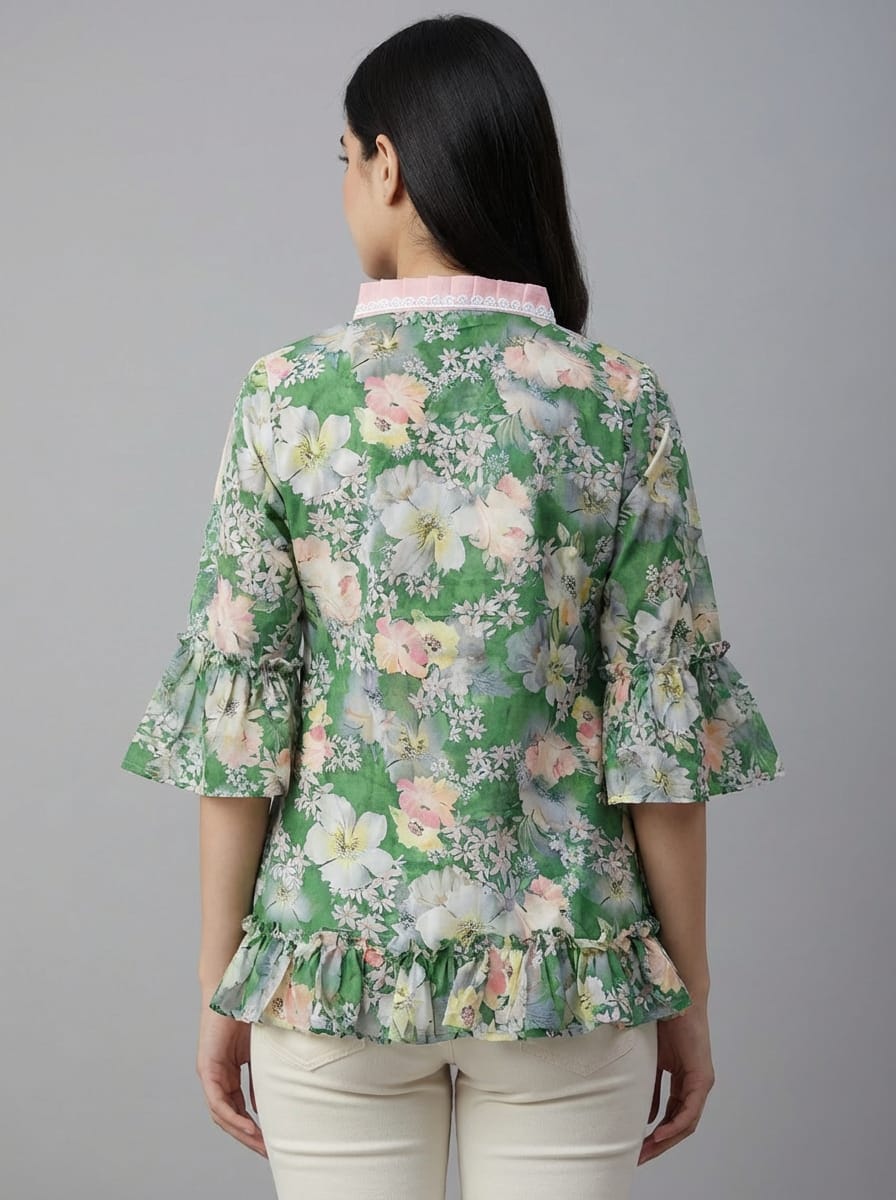Designer Women’s Floral Tunic Top | V-Neck Bell Sleeve Ethnic Kurti