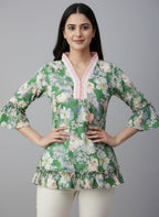Designer Women’s Floral Tunic Top | V-Neck Bell Sleeve Ethnic Kurti