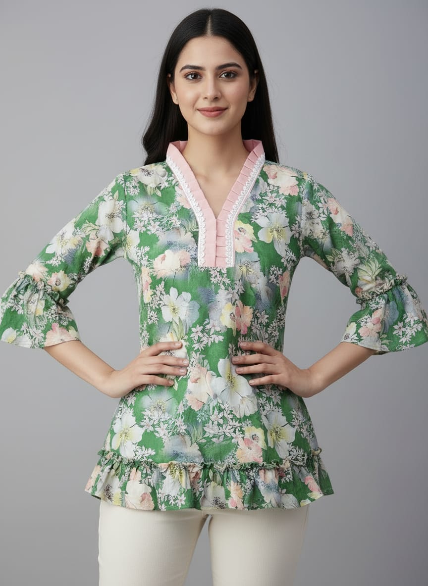 Designer Women’s Floral Tunic Top | V-Neck Bell Sleeve Ethnic Kurti