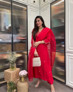 Red Silk Kurta Set with Gold Embroidery & Dupatta – Party & Wedding Wear