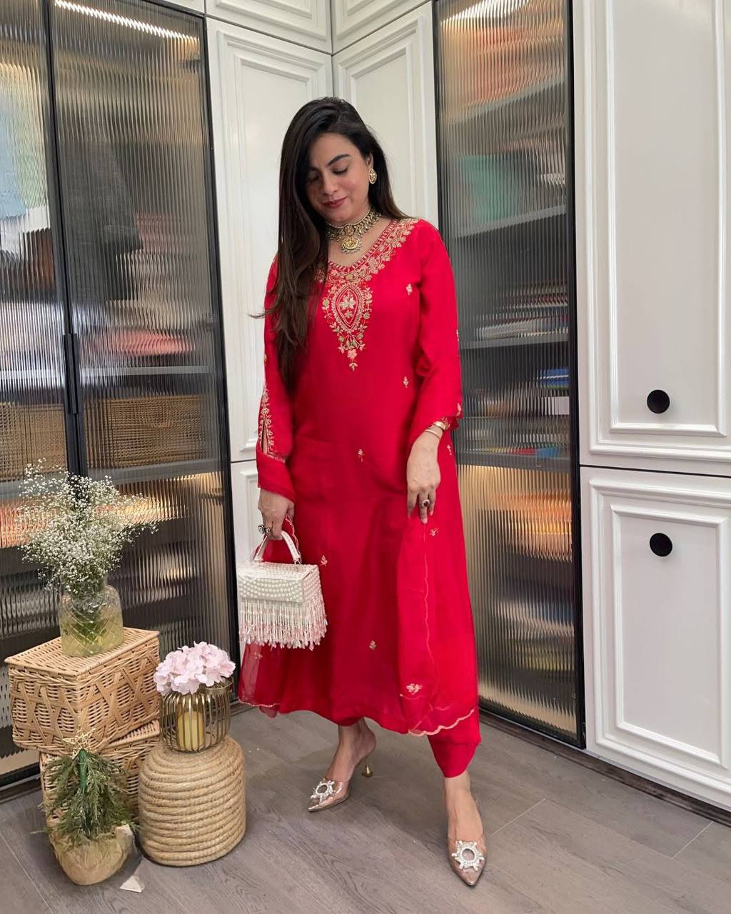 Red Silk Kurta Set with Gold Embroidery & Dupatta – Party & Wedding Wear