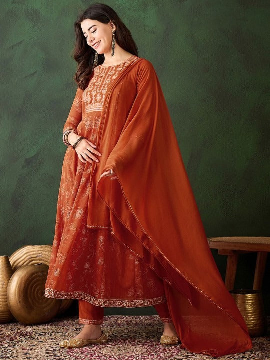 Rust Orange Kurta Set for Women with Dupatta – Festive Ethnic Wear