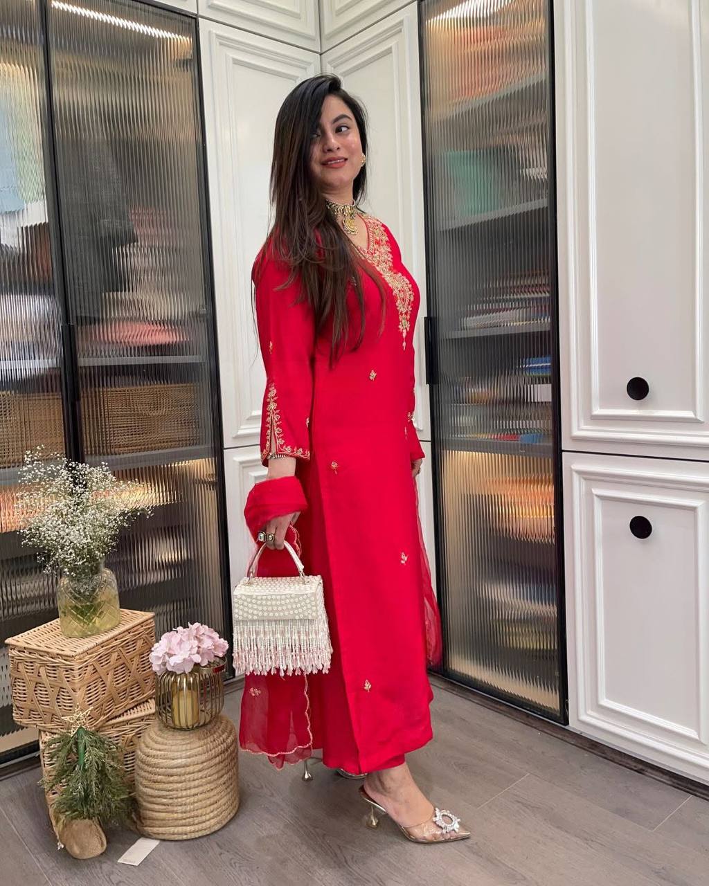Red Silk Kurta Set with Gold Embroidery & Dupatta – Party & Wedding Wear