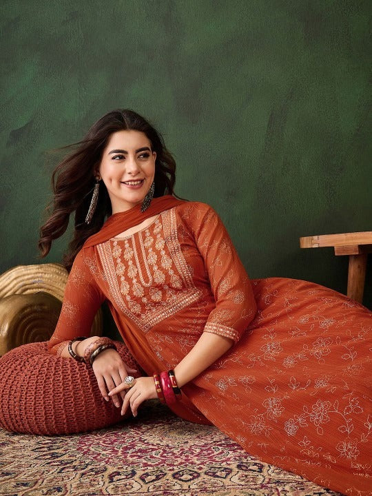 Rust Orange Kurta Set for Women with Dupatta – Festive Ethnic Wear