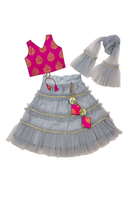 Girls Frill Lehenga Choli and Dupatta Set Party Wear