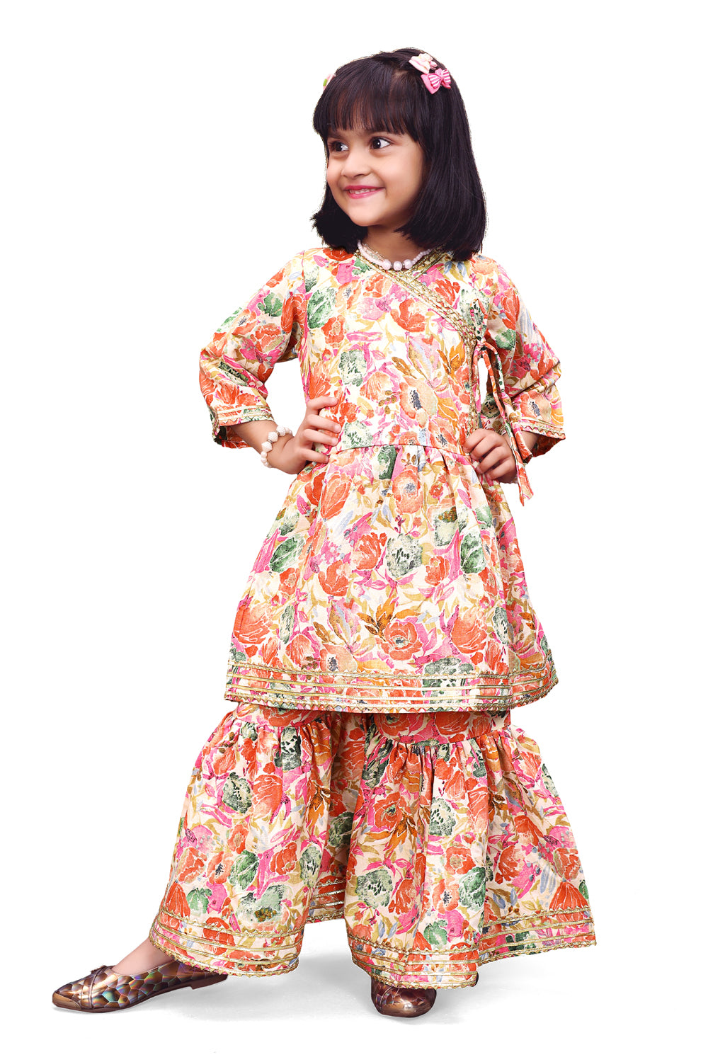 Girls Floral Kurti Sharara Set Beige Brown Festive Ethnic Wear Kids Wedding Outfit