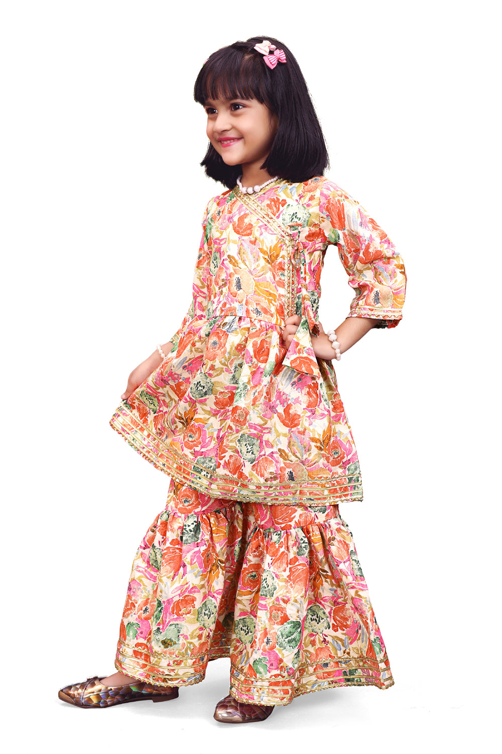 Girls Floral Kurti Sharara Set Beige Brown Festive Ethnic Wear Kids Wedding Outfit