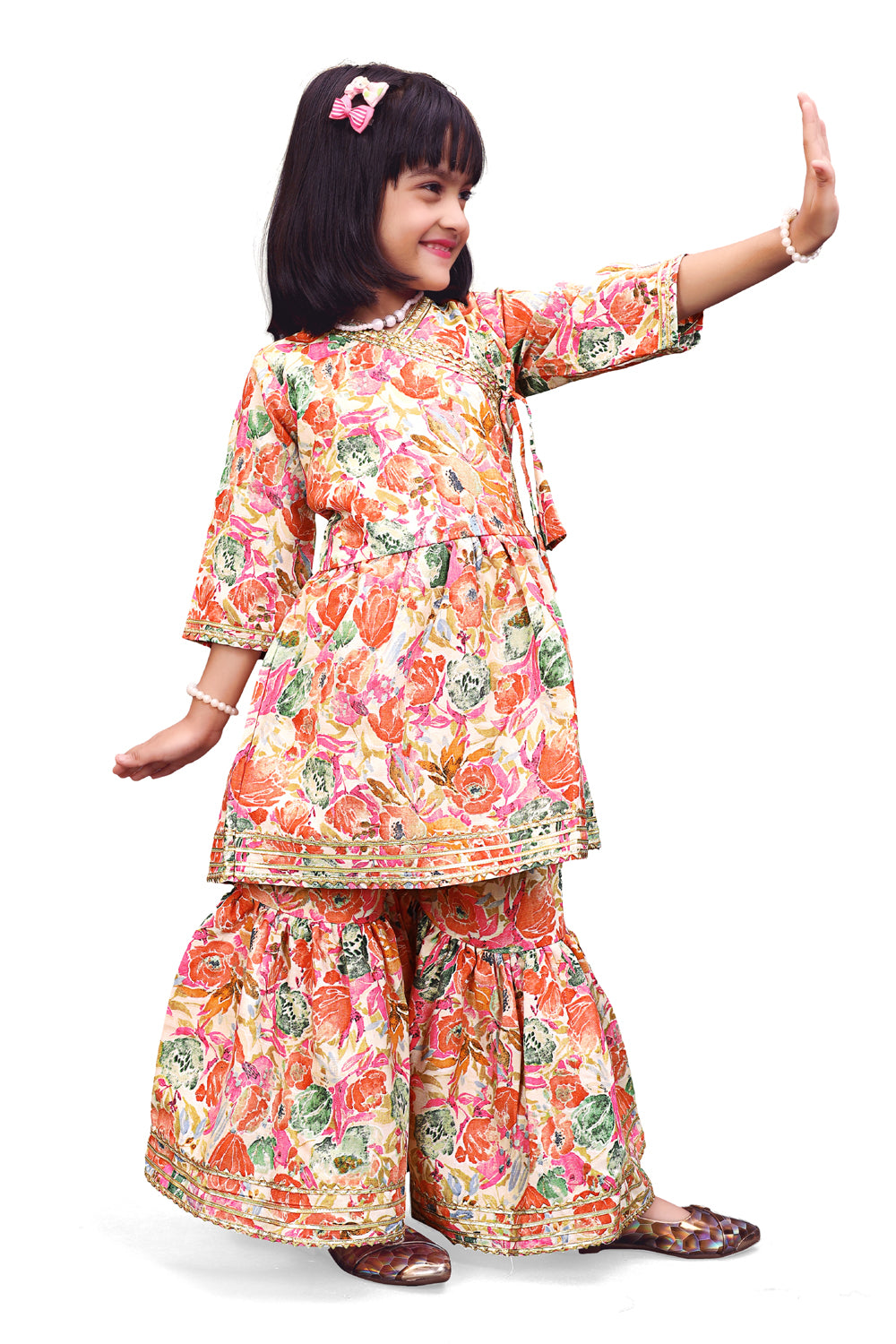 Girls Floral Kurti Sharara Set Beige Brown Festive Ethnic Wear Kids Wedding Outfit