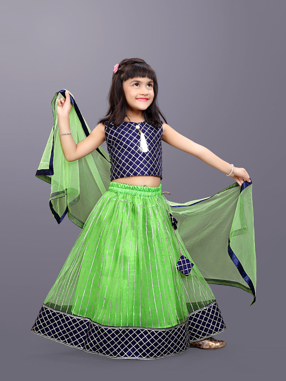 Girls Checkered Lehenga Choli and Dupatta Set